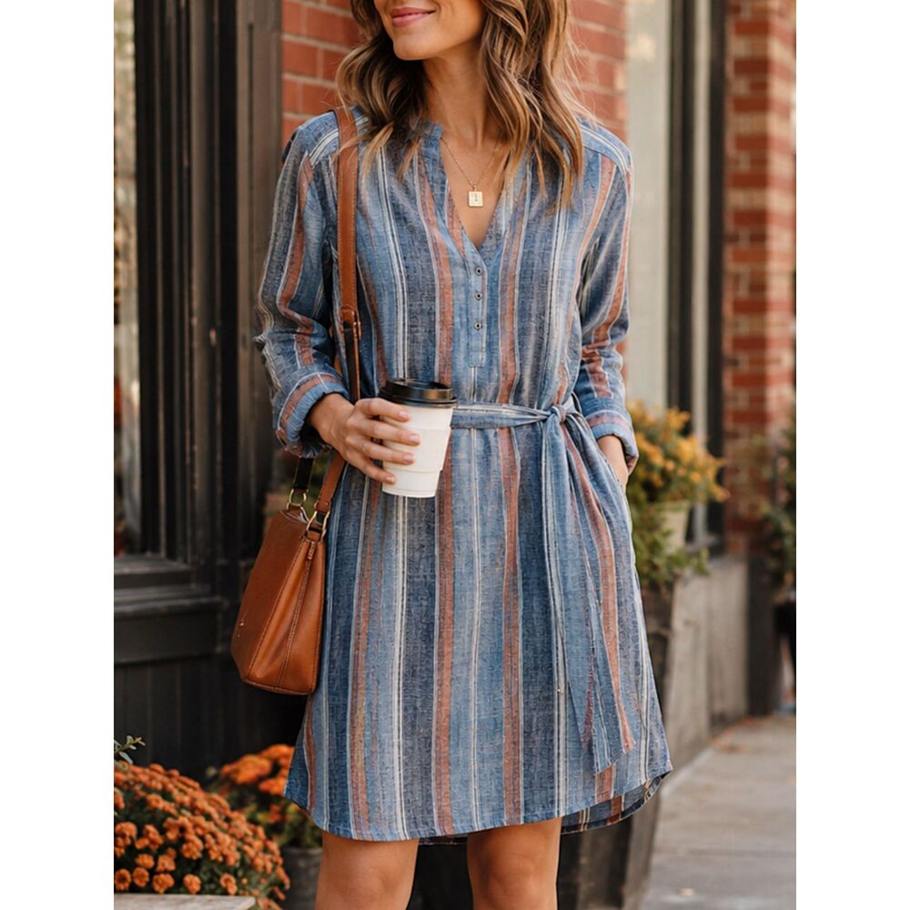 AG Adriano Goldschmied Striped Cotton Shirt Dress Belted Blue Small Boho